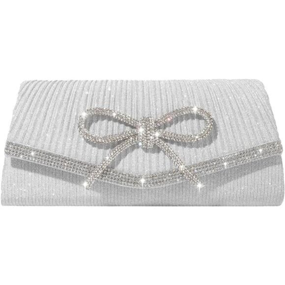 SH Glitter Clutch Purses for Women Elegant Bow Evening Bag Dressy Wedding - Picture 1 of 7